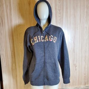 Teemax Sz M Floral Chicgo Stiched Logo Zip Up Hoodie Grey Cotton Blend Boho